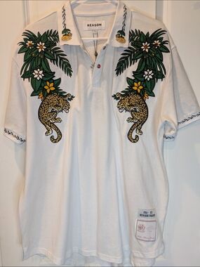 Reason Brand Embroidered Tiger Floral Polo Shirt XL NWT Streetwear